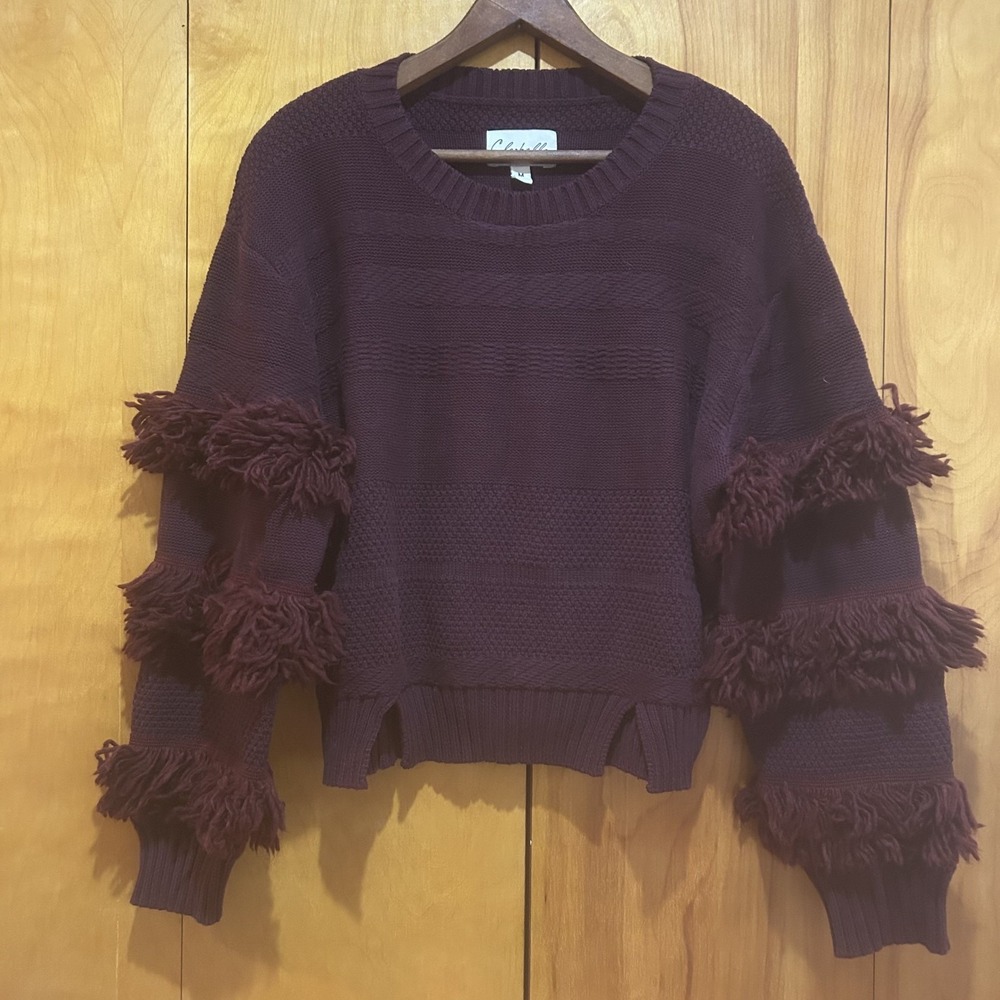 Cleobella-Womens Burgundy‎ Fringe Sleeve Sweater-Cotton Blend-Sz M-Chunky-Boho